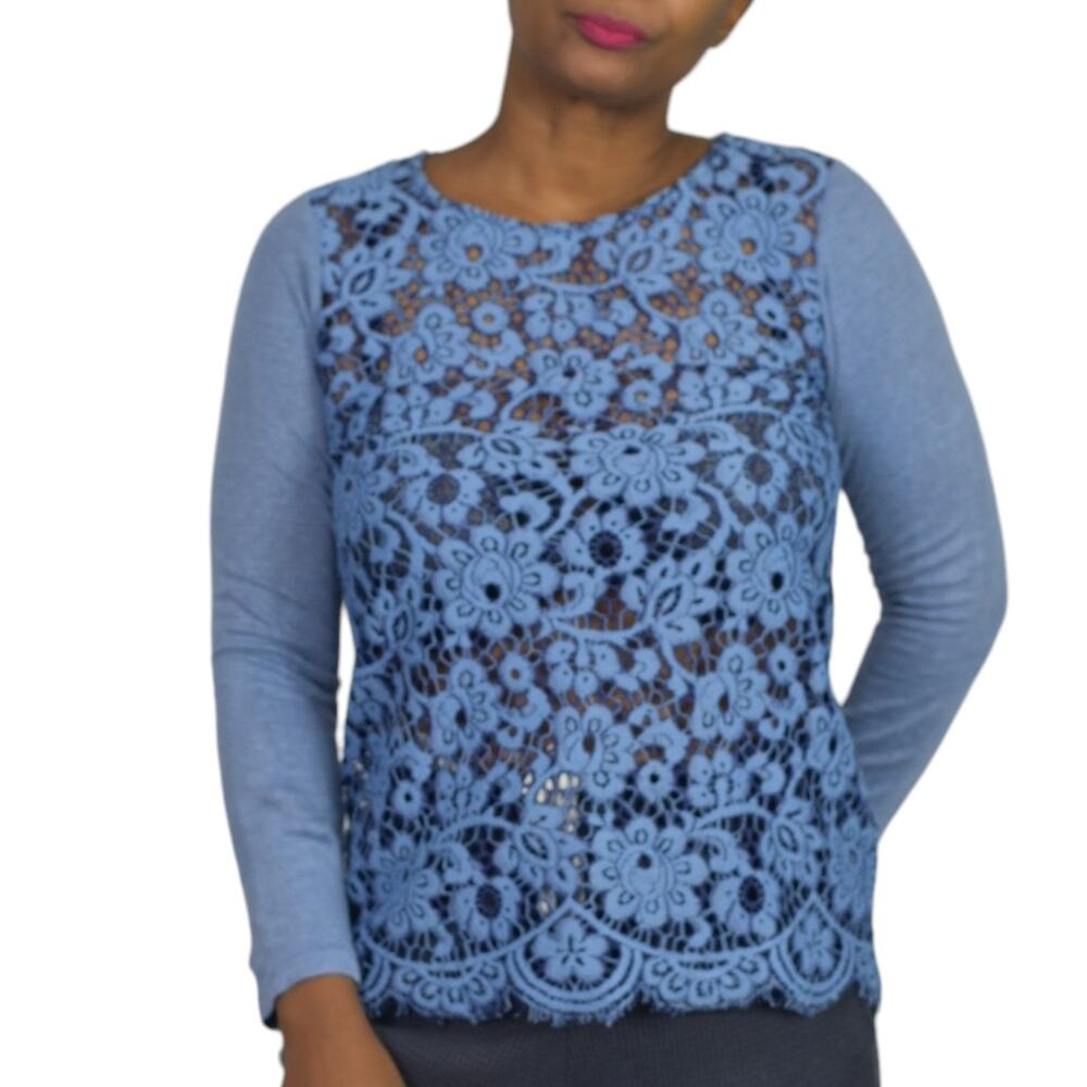 Sundance Ariadna Top Blue Lace Knit Sweater Scallop Hem Long Sleeves Size XS - Picture 10 of 14